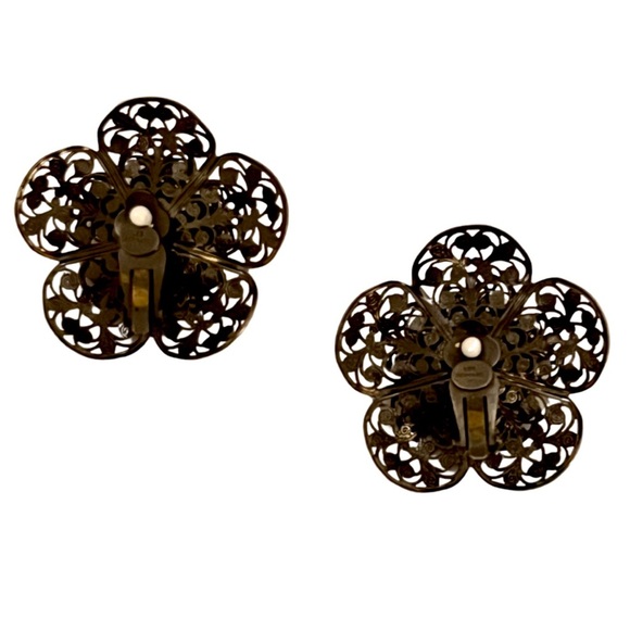 LES BERNARD • Vintage Filigree Black Flower Earrings - Picture 2 of 4